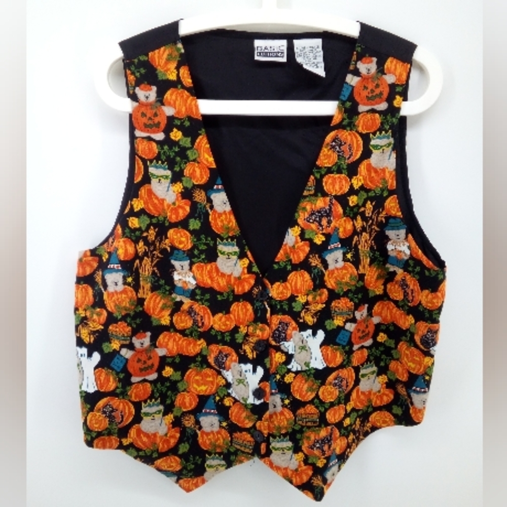 Vintage Halloween Vest Pumpkin Teddy Bear Cat Ghost Basic Editions 100% Cotton L